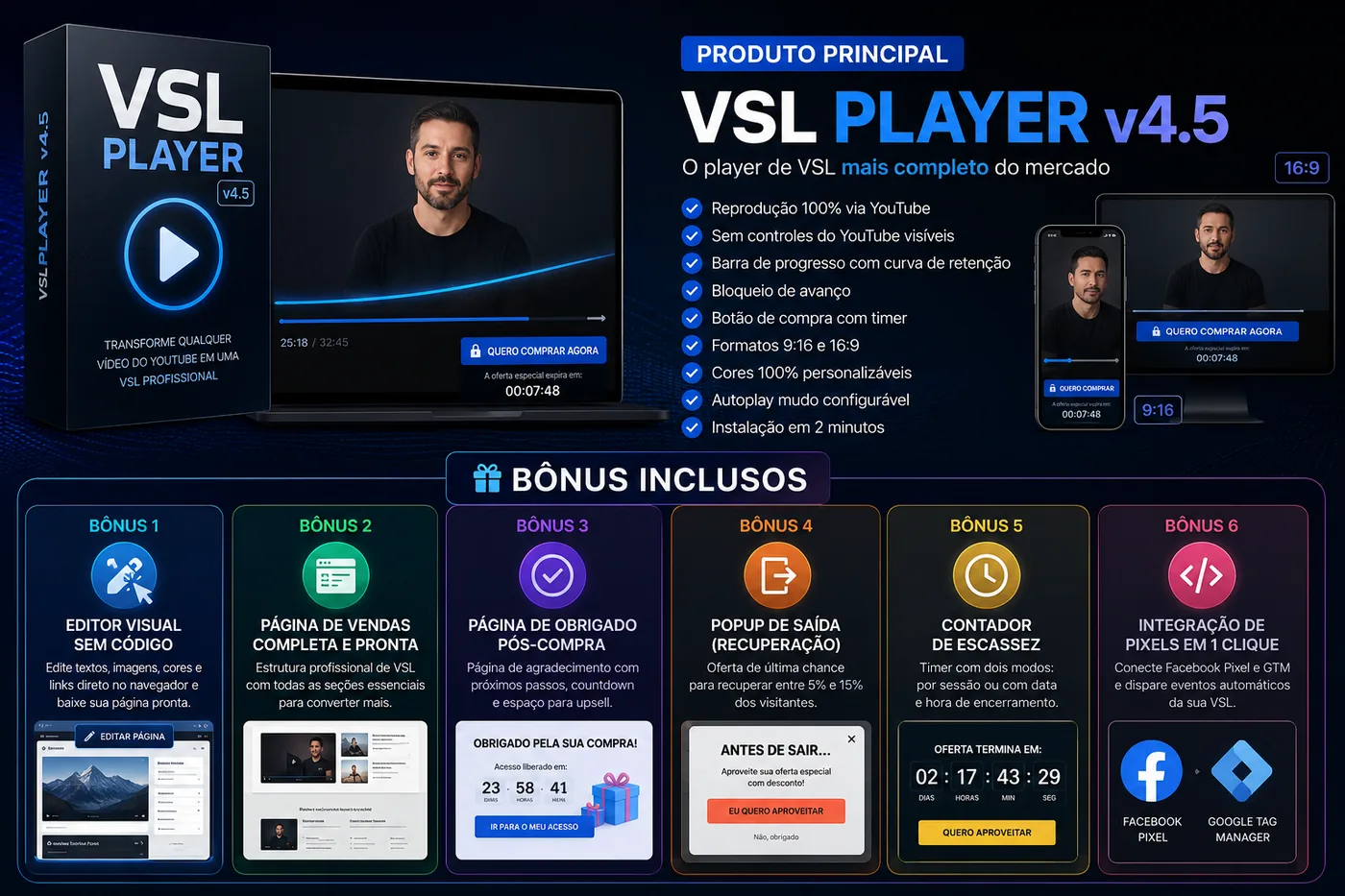 VSL Player YouTube v4.5 e os seis bônus inclusos no VSL Kit